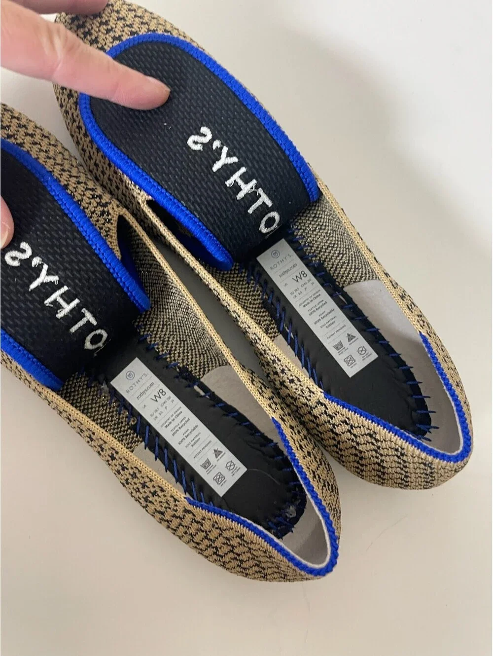 Rothys The Loafer Gold Houndstooth Tan Black Washable Slip On Flats Sz 8 NWOB